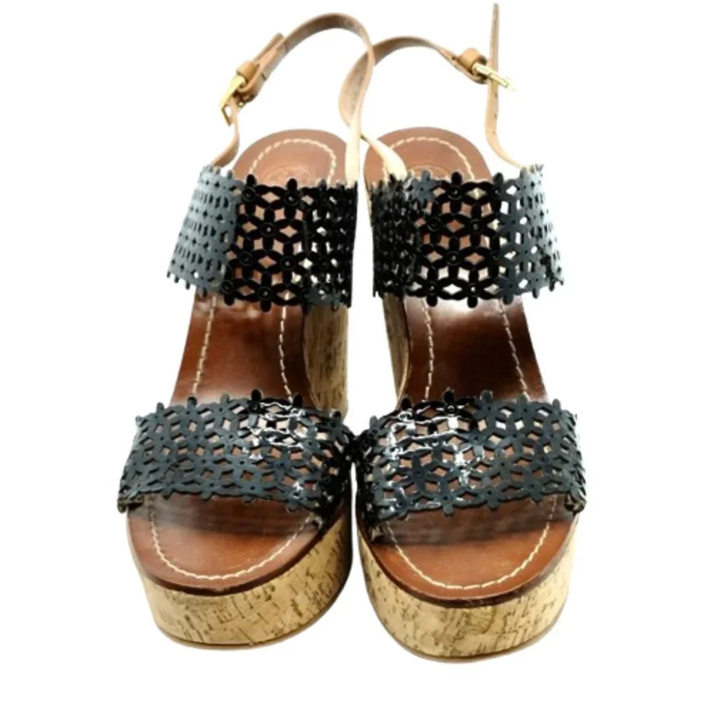 TORY BURCH~Daisy Floral~BLACK PERFORATED LEATHER PLATFORM SANDALS SHOES Sz 10